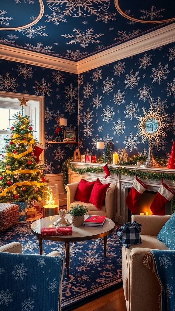Navy Christmas Wallpaper Aesthetic A cozy room with navy Christmas wallpaper, decorated for the holidays with a Christmas tree and festive ornaments.